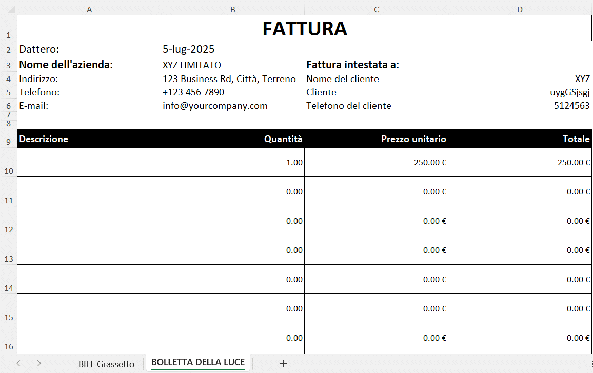 “Modello Excel di fattura semplice con dati dell’azienda, dati del cliente, tabella descrizione prodotti, quantità, prezzo unitario e totale.”