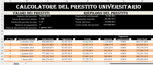 “Foglio Excel del calcolatore del prestito universitario con valori del prestito, tasso di interesse, durata e tabella di ammortamento mensile con saldo iniziale, pagamento, quota capitale, interessi e saldo finale.”