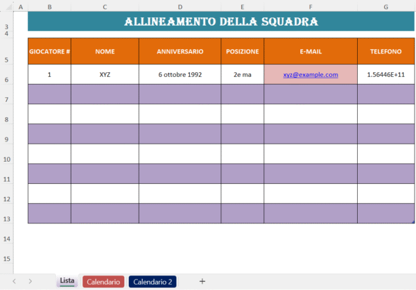“Foglio Excel per l’allineamento della squadra con tabella dei giocatori che include numero, nome, anniversario, posizione, e-mail e telefono.”