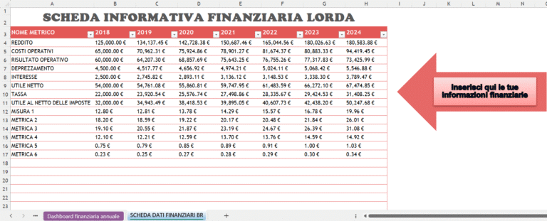 Foglio Excel della scheda informativa finanziaria lorda con metriche annuali dal 2018 al 2024, inclusi reddito, costi operativi, utile netto, tasse e altre misure finanziarie.