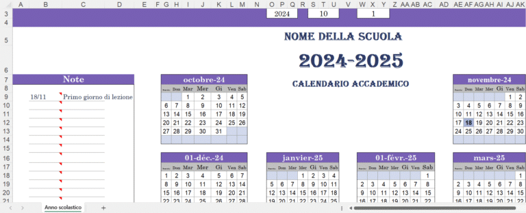 Calendario accademico 2024-2025 in Excel con mesi, note e intestazione personalizzabile per scuole.