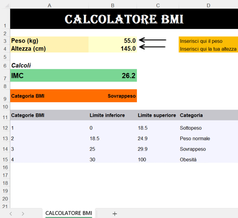 Calcolatore BMI in Excel con campi per peso e altezza, calcolo automatico dell’IMC e tabella delle categorie di peso.