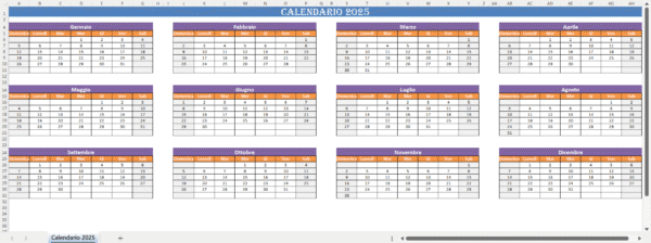 "Calendario 2025 Excel con tutti i mesi dell’anno organizzati in tabelle mensili colorate e modificabili."
