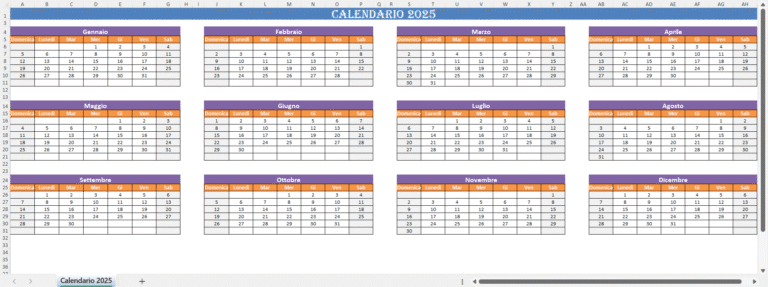 "Calendario 2025 Excel con tutti i mesi dell’anno organizzati in tabelle mensili colorate e modificabili."