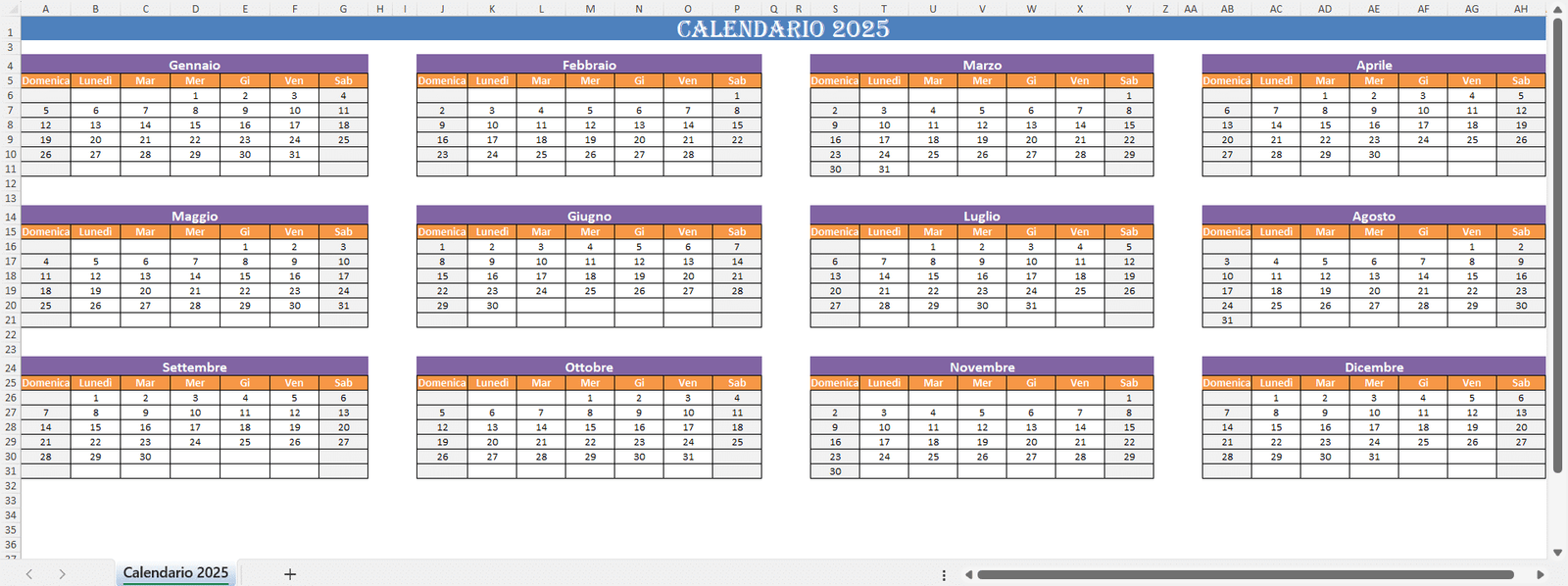 "Calendario 2025 Excel con tutti i mesi dell’anno organizzati in tabelle mensili colorate e modificabili."