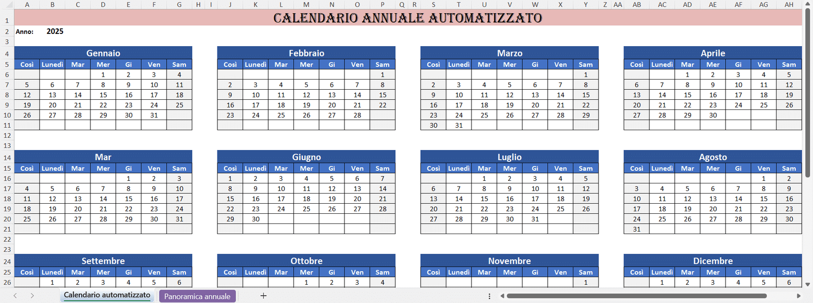 “Foglio Excel con calendario annuale automatizzato per il 2025, mostrato mese per mese in tabelle organizzate e aggiornabili automaticamente.”