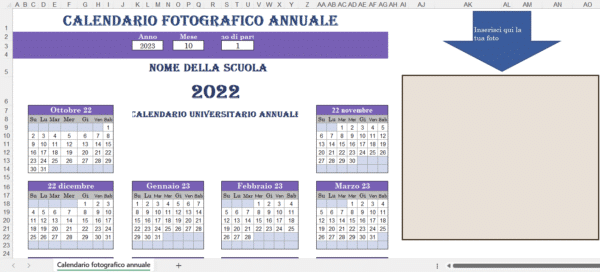 Calendario fotografico annuale in Excel con mesi organizzati, spazio per inserire una foto personalizzata e campi modificabili per anno, mese e numero di parte.