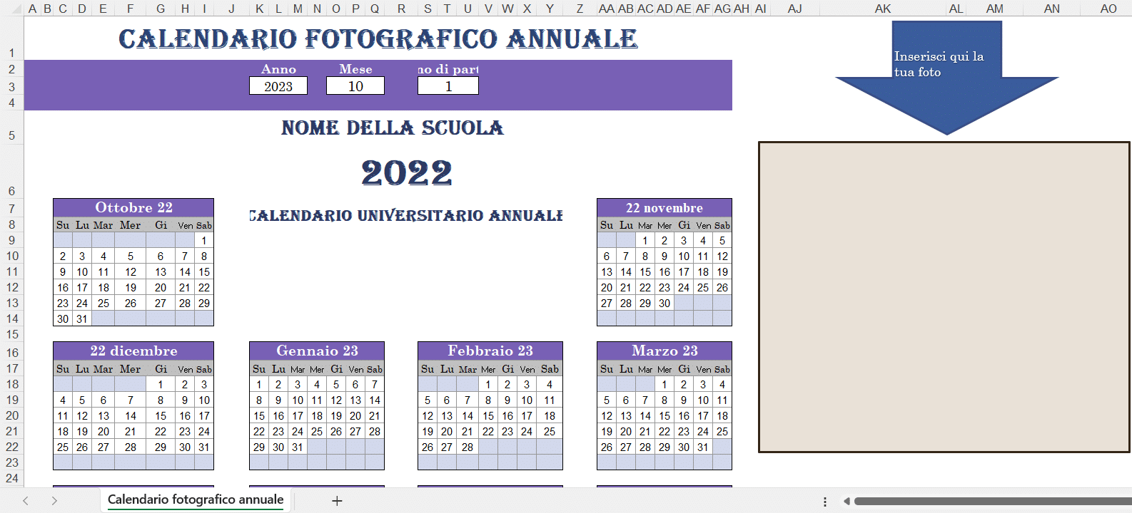 Calendario fotografico annuale in Excel con mesi organizzati, spazio per inserire una foto personalizzata e campi modificabili per anno, mese e numero di parte.