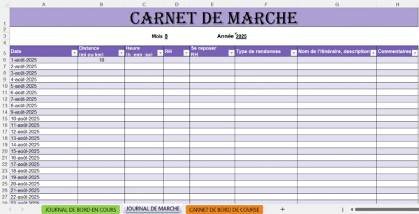 Foglio Excel “Carnet de Marche” con tabella mensile per registrare distanza, tempo, ritmo, tipo di camminata, itinerario e commenti.