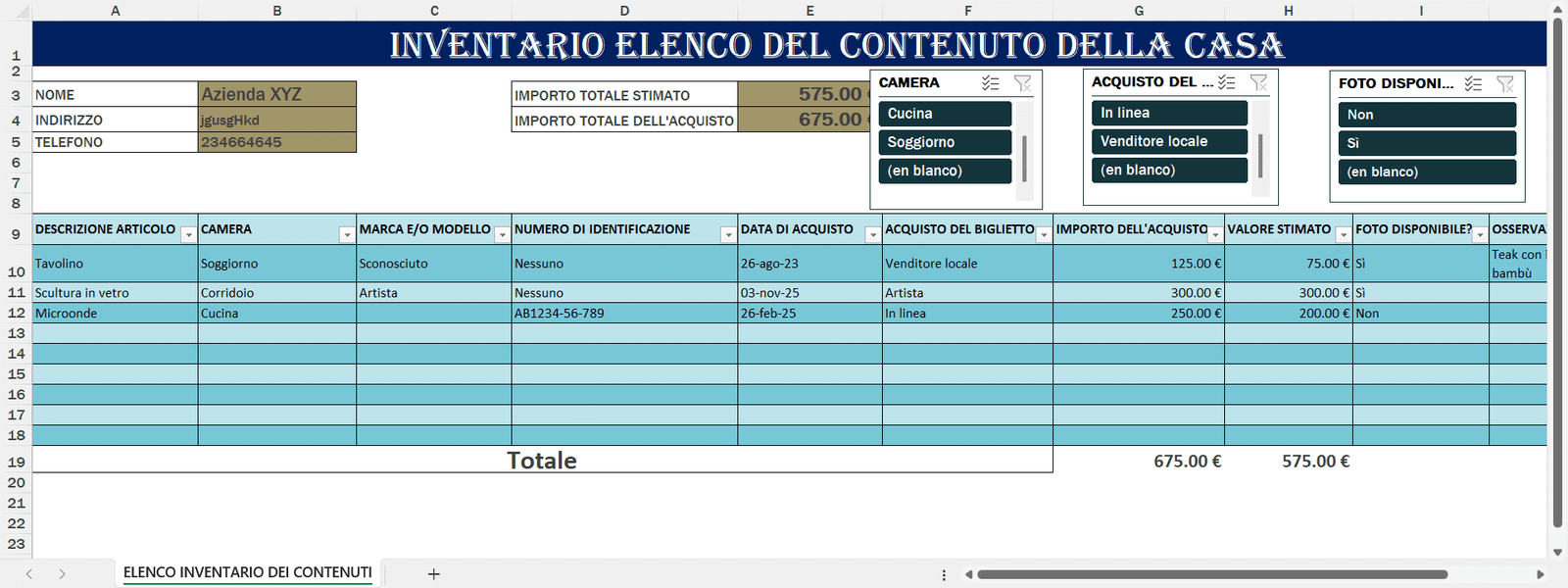 Foglio Excel “Inventario Elenco del Contenuto della Casa” con elenco di articoli, stanze, valori stimati, importo d’acquisto e dettagli dell’oggetto.
