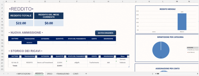 “Dashboard reddito mensile in Excel con riepilogo dei ricavi, grafici a barre e a torta, storico delle entrate e modulo di nuova ammissione.”