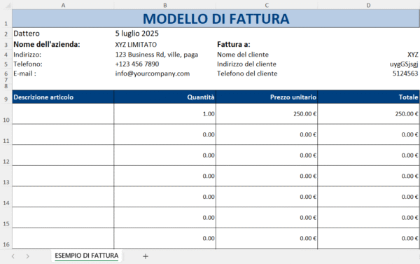 “Modello di fattura Excel con dati dell’azienda, dati del cliente, tabella degli articoli con quantità, prezzo unitario e totale.”