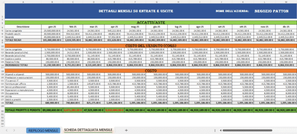 Foglio Excel con tabella dettagliata dei ricavi, costi del venduto, costi operativi e profitti mensili di un’azienda chiamata “Negozio Patton”, con valori organizzati per ogni mese dell’anno.