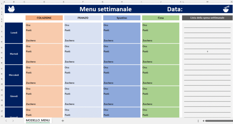 "Foglio Excel con modello di menu settimanale per colazione, pranzo, spuntino e cena, includendo campi per orari, pasti, zucchero e una lista della spesa settimanale."