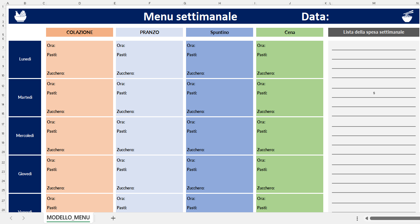 "Foglio Excel con modello di menu settimanale per colazione, pranzo, spuntino e cena, includendo campi per orari, pasti, zucchero e una lista della spesa settimanale."