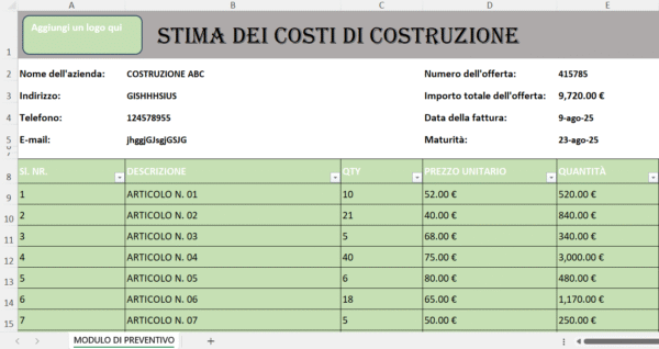 Foglio Excel “Stima dei Costi di Costruzione” con tabella degli articoli, quantità, prezzi unitari e totale dell’offerta.