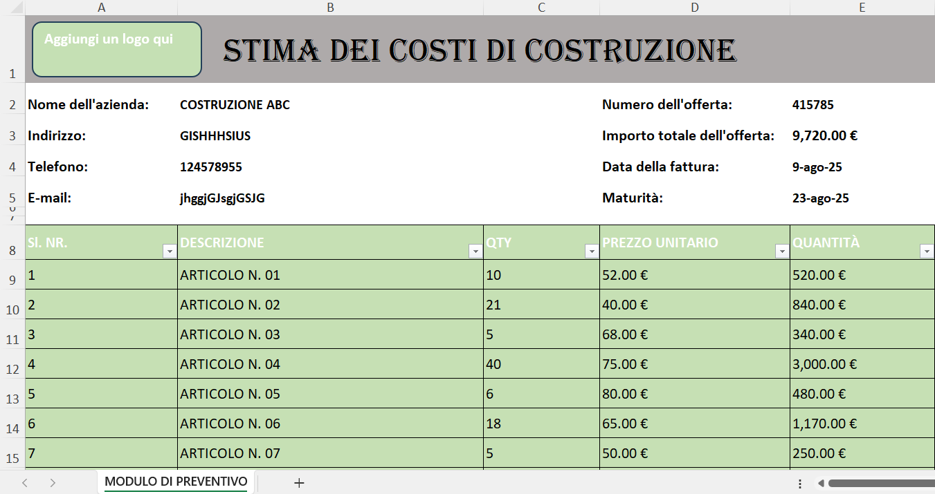 Foglio Excel “Stima dei Costi di Costruzione” con tabella degli articoli, quantità, prezzi unitari e totale dell’offerta.