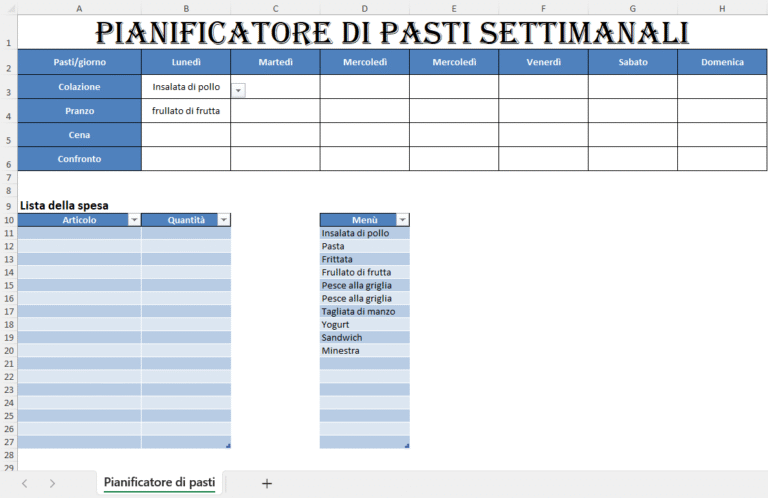 “Foglio Excel Pianificatore di Pasti Settimanali con tabella dei pasti per ogni giorno della settimana e lista della spesa automatizzata.”