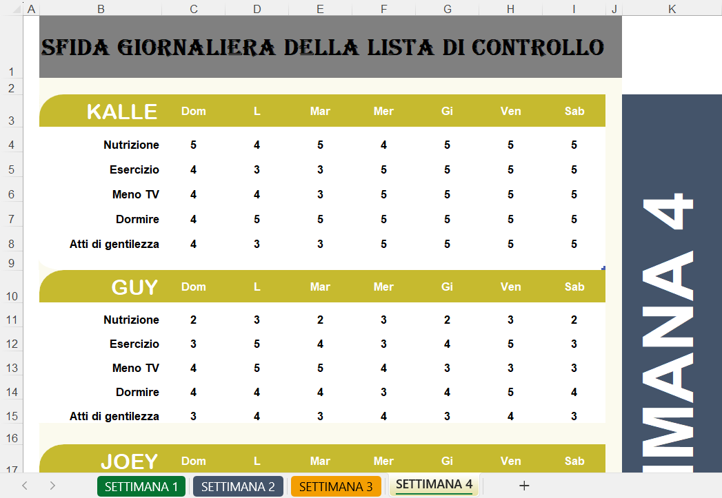 Foglio Excel “Sfida giornaliera della lista di controllo” con tabelle settimanali che mostrano i punteggi giornalieri di abitudini come nutrizione, esercizio, sonno e atti di gentilezza per più utenti.