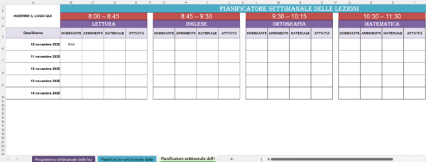 Pianificatore settimanale delle lezioni con tabelle per Lettura, Inglese, Ortografia e Matematica, organizzate per data, insegnante, argomento, materiale e attività.