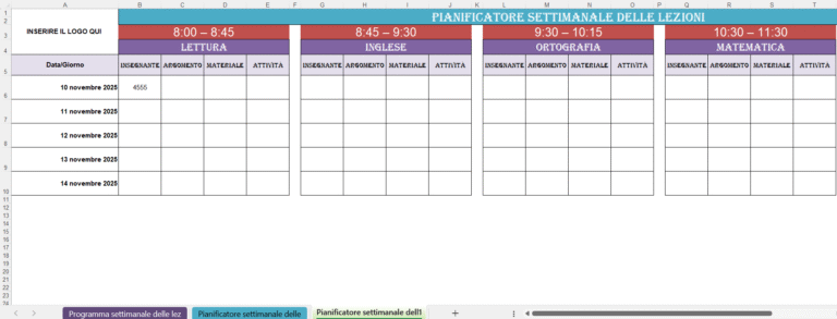 Pianificatore settimanale delle lezioni con tabelle per Lettura, Inglese, Ortografia e Matematica, organizzate per data, insegnante, argomento, materiale e attività.