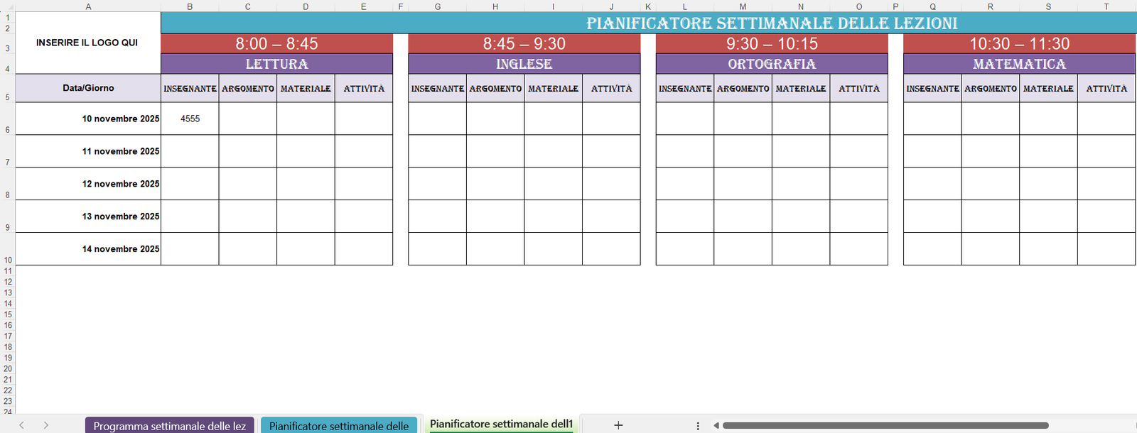 Pianificatore settimanale delle lezioni con tabelle per Lettura, Inglese, Ortografia e Matematica, organizzate per data, insegnante, argomento, materiale e attività.