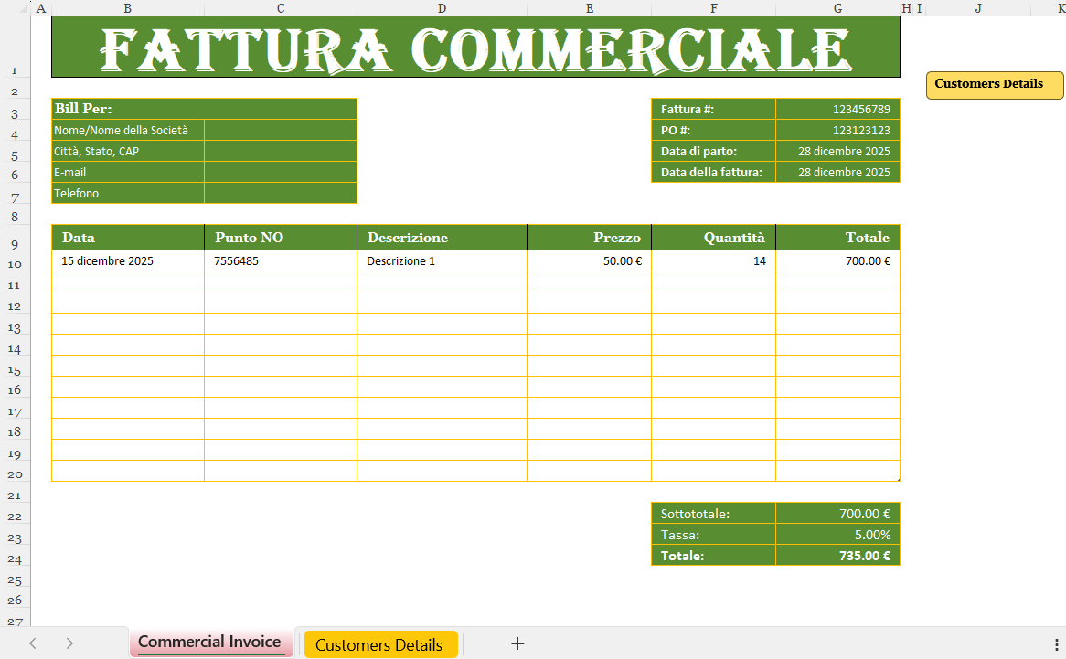 Fattura commerciale in Excel con campi per dati cliente, prodotti, prezzi, quantità, tasse e totale automatico