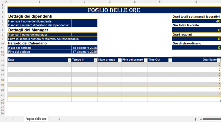 Foglio delle ore aziendale in Excel per il monitoraggio delle ore lavorate, orari regolari e straordinari dei dipendenti