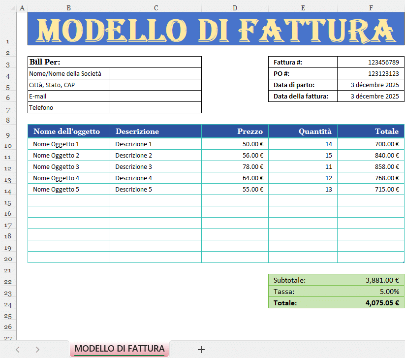 "Modello di fattura in Excel 2025 con tabella degli articoli, descrizioni, prezzi, quantità, totale e riepilogo finale."