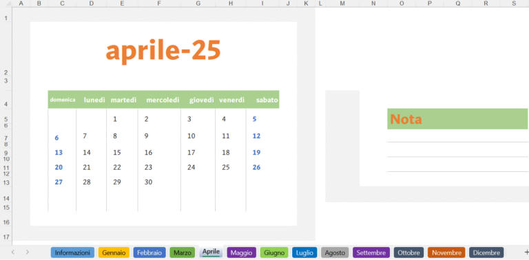 “Calendario mensile aprile 2025 in italiano con giorni della settimana, griglia organizzata e spazio per note laterali.”