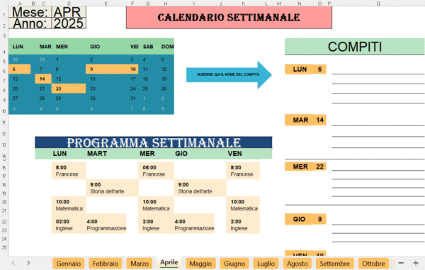 "Modello Excel di Calendario Settimanale in italiano con planner delle attività, programma settimanale, compiti e calendario mensile 2025."