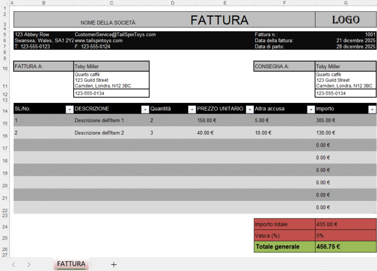 Modello di fattura base Excel con prezzo unitario, calcolo automatico di quantità, IVA e totale finale