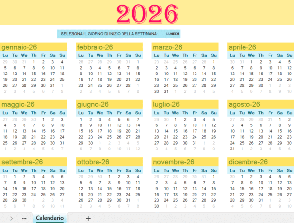 Calendario annuale 2026 in Excel con mesi completi, giorni della settimana e opzione per selezionare il giorno di inizio della settimana.