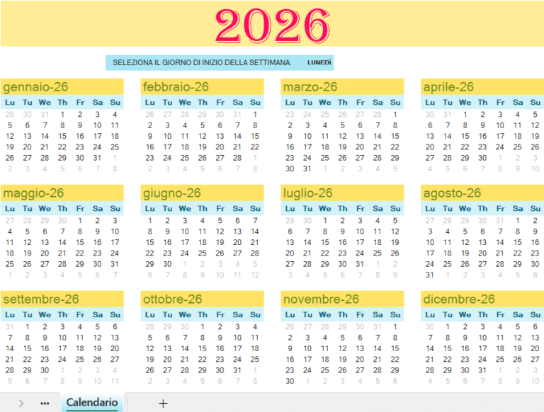 Calendario annuale 2026 in Excel con mesi completi, giorni della settimana e opzione per selezionare il giorno di inizio della settimana.