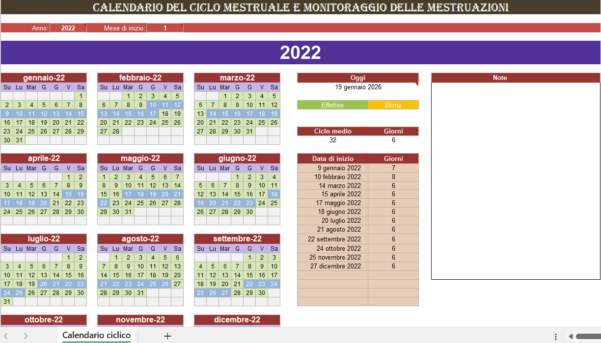 Calendario del ciclo mestruale in Excel per monitorare mestruazioni e ovulazione
