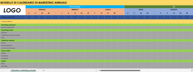 Calendario di marketing annuale in Excel con pianificazione mensile delle attività
