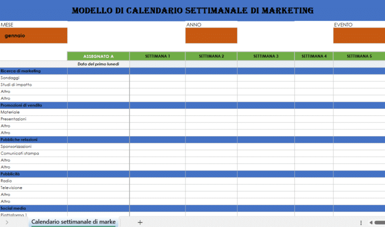 Modello di calendario di marketing settimanale in Excel per la pianificazione delle attività