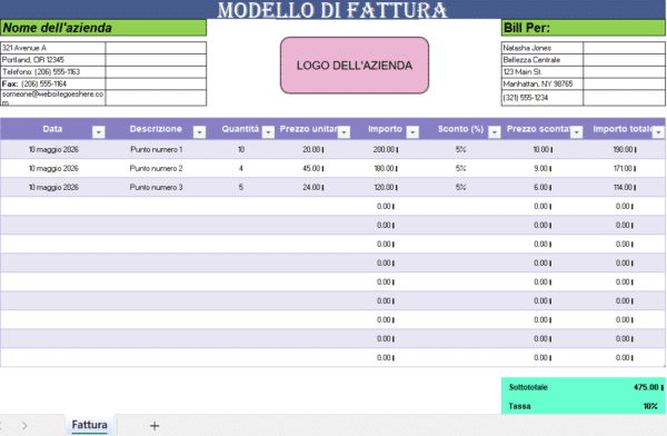 Modello di fattura Excel colorato con logo aziendale, dati del cliente, elenco prodotti, sconti e calcolo automatico del totale