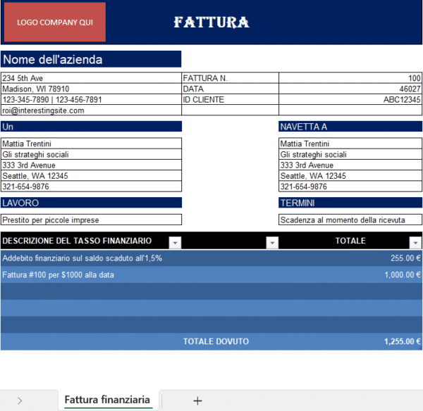 Fattura con addebito finanziario in Excel con calcolo automatico degli interessi
