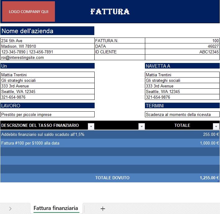 Fattura con addebito finanziario in Excel con calcolo automatico degli interessi