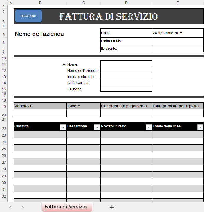 Modello Excel di fattura di servizio semplice con dati cliente, servizi, prezzi unitari e totale
