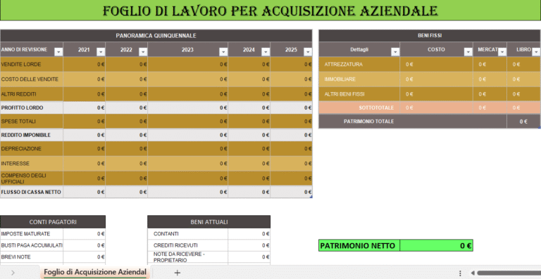 Foglio di lavoro per l’acquisizione di società in Excel