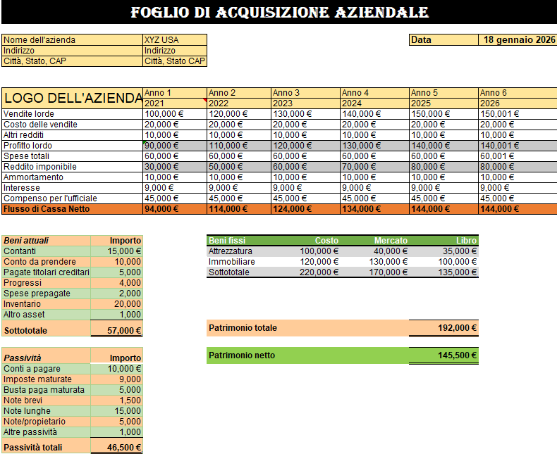 Foglio di lavoro per l’acquisizione di società in Excel V2