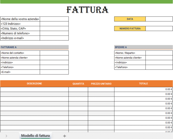 Modello di fattura in Excel con ampio margine per fatturazione professionale