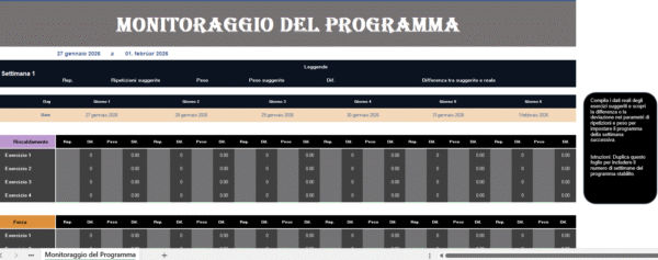 Monitoraggio del programma di esercizi in Excel per allenamenti e progressi
