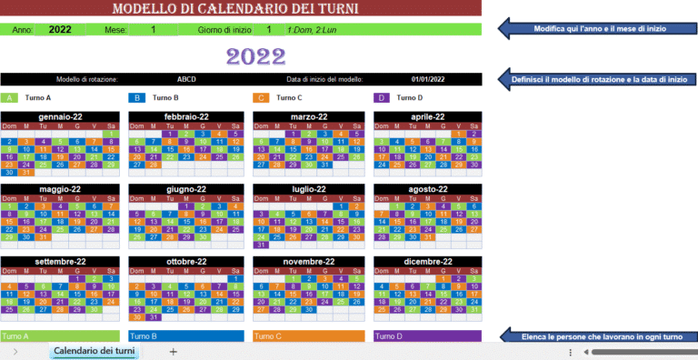 Calendario dei turni di lavoro in Excel con rotazione A B C D e pianificazione annuale