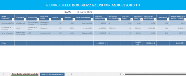 Registro delle immobilizzazioni con ammortamento in Excel