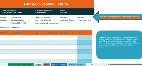 Tracker delle fatture di vendita in Excel con selezione del numero di fattura, dati cliente, articoli, prezzi e stato di pagamento