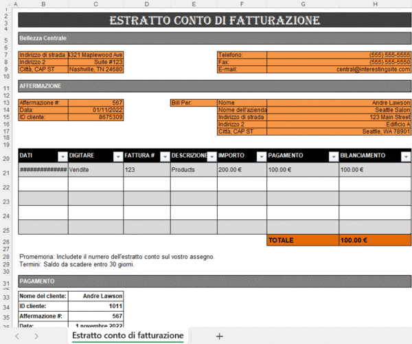 Estratto conto di fatturazione Excel con elenco delle fatture, importi, pagamenti e saldo totale