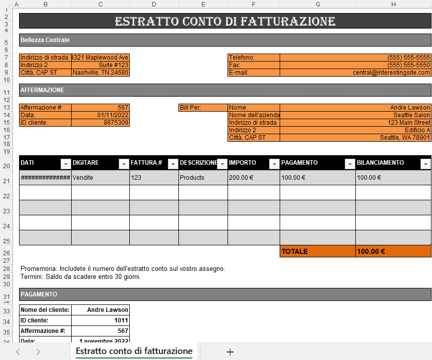 Estratto conto di fatturazione Excel con elenco delle fatture, importi, pagamenti e saldo totale